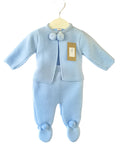 Baby blue knitted pom pom cardigan and trousers set