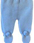 Blue knitted baby trousers with pom pom feet