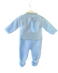 Blue knitted cardigan and footed trousers for newborn boys