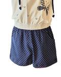 Girls summer playsuit with blue shorts and white butterfly top
