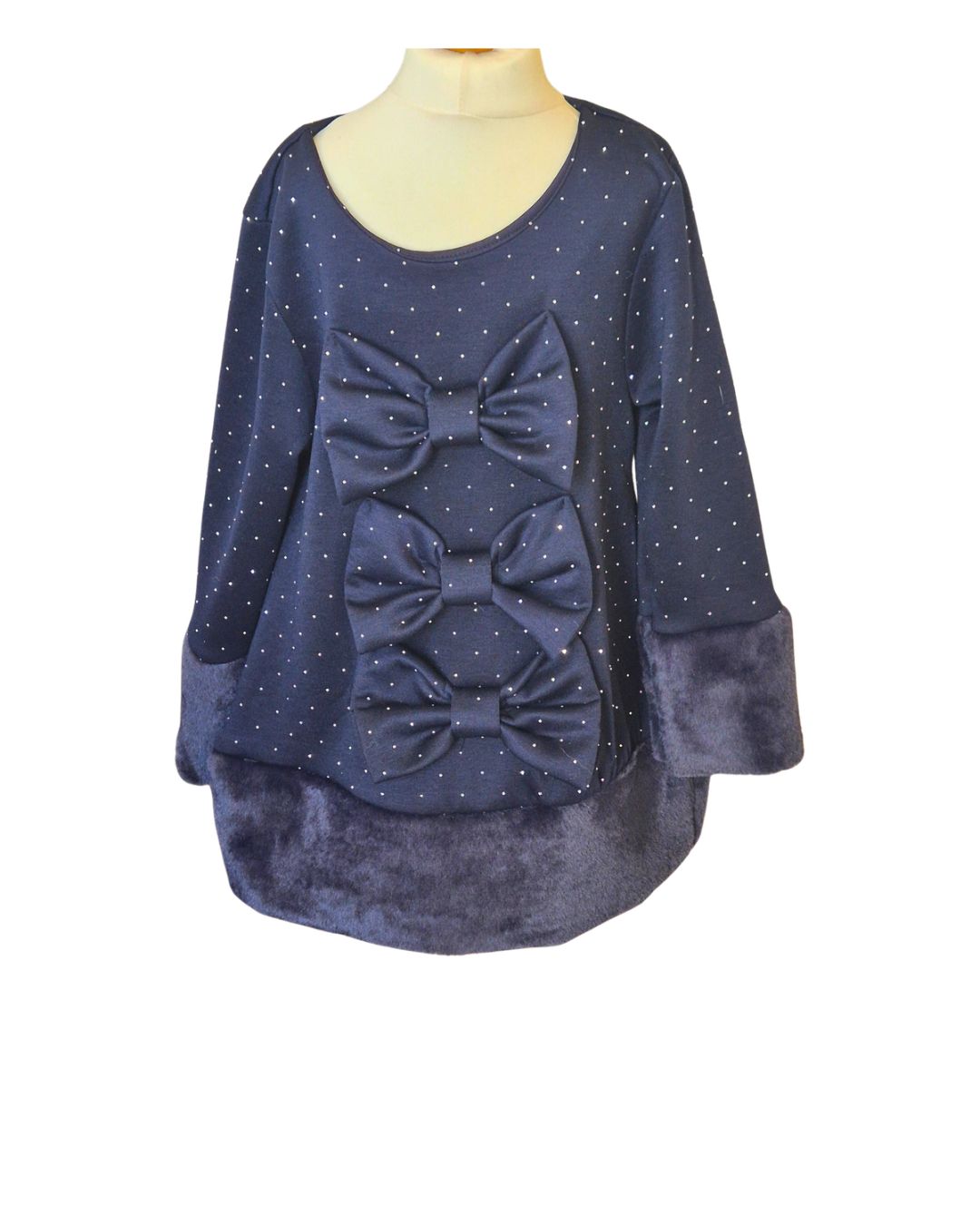 Girls blue Christmas dress with three glittery fabric bows