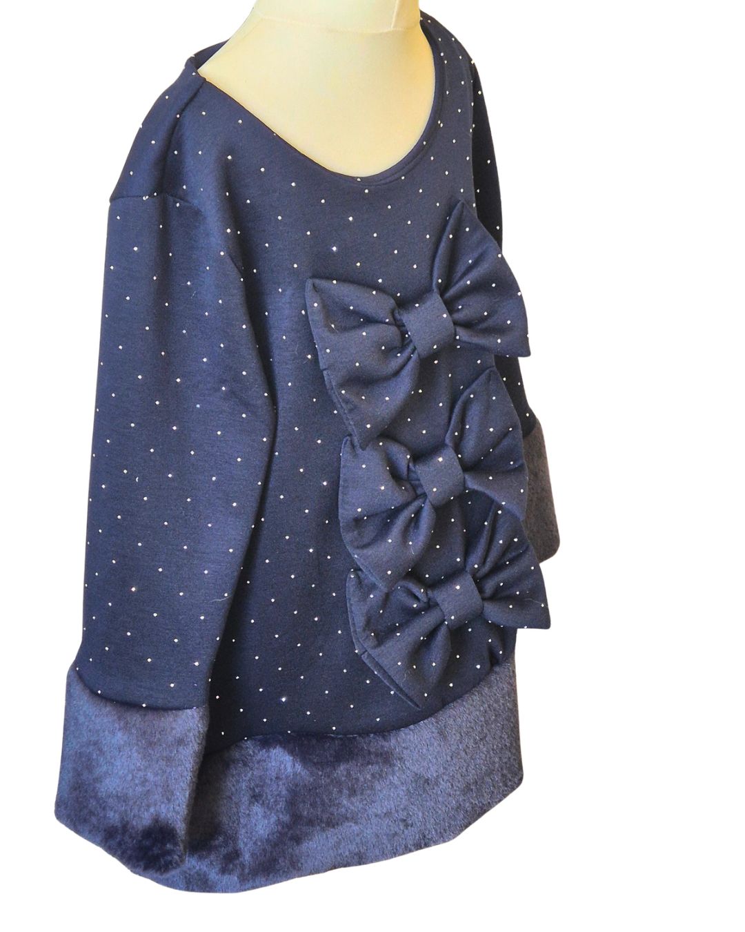 Girls A-line blue dress with faux fur cuffs and hemline