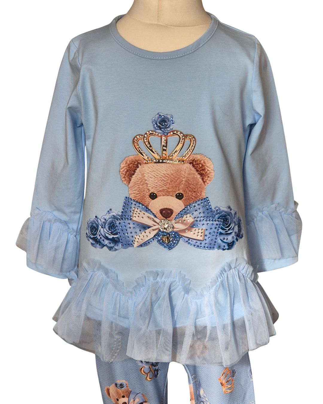 Girls sky blue top with sparkling teddy bear crown and bow