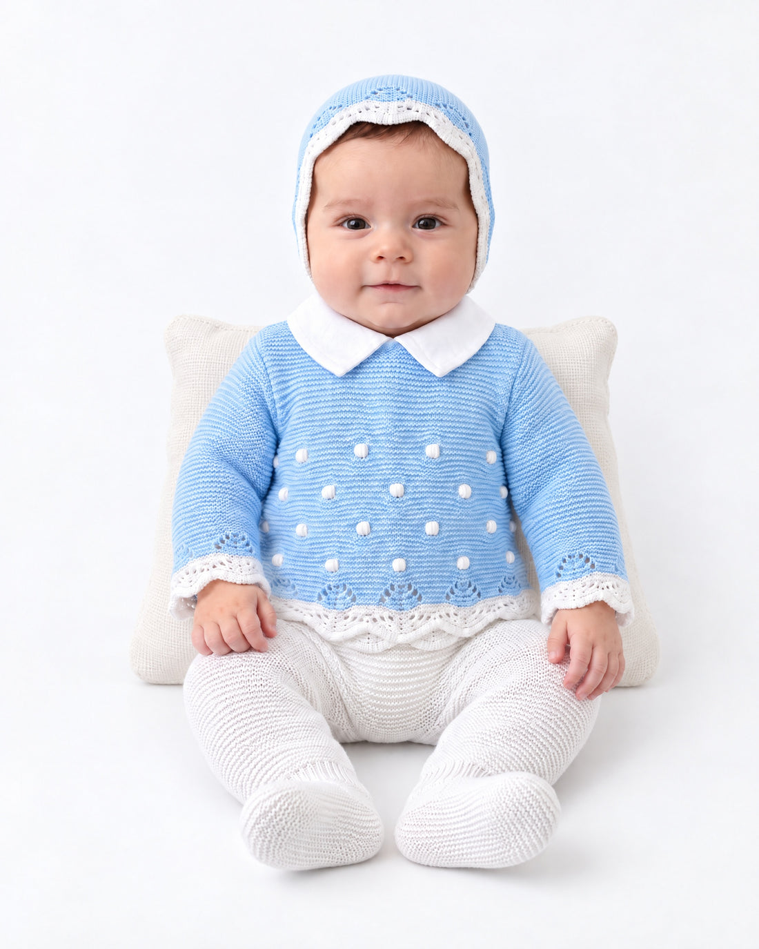 Baby boys’ blue and white knitted three-piece set by Fruit De Ma Passion