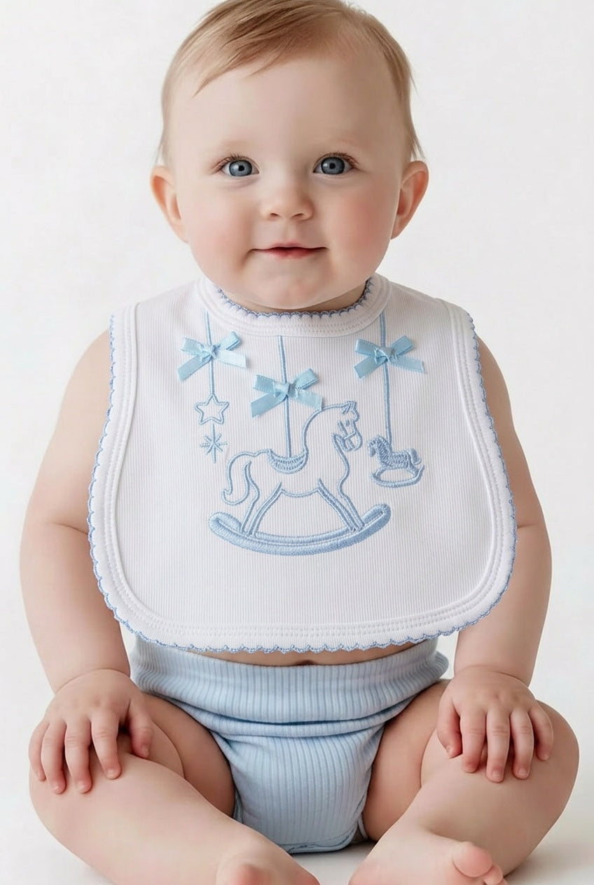 Blue embroidered rocking horse baby bib