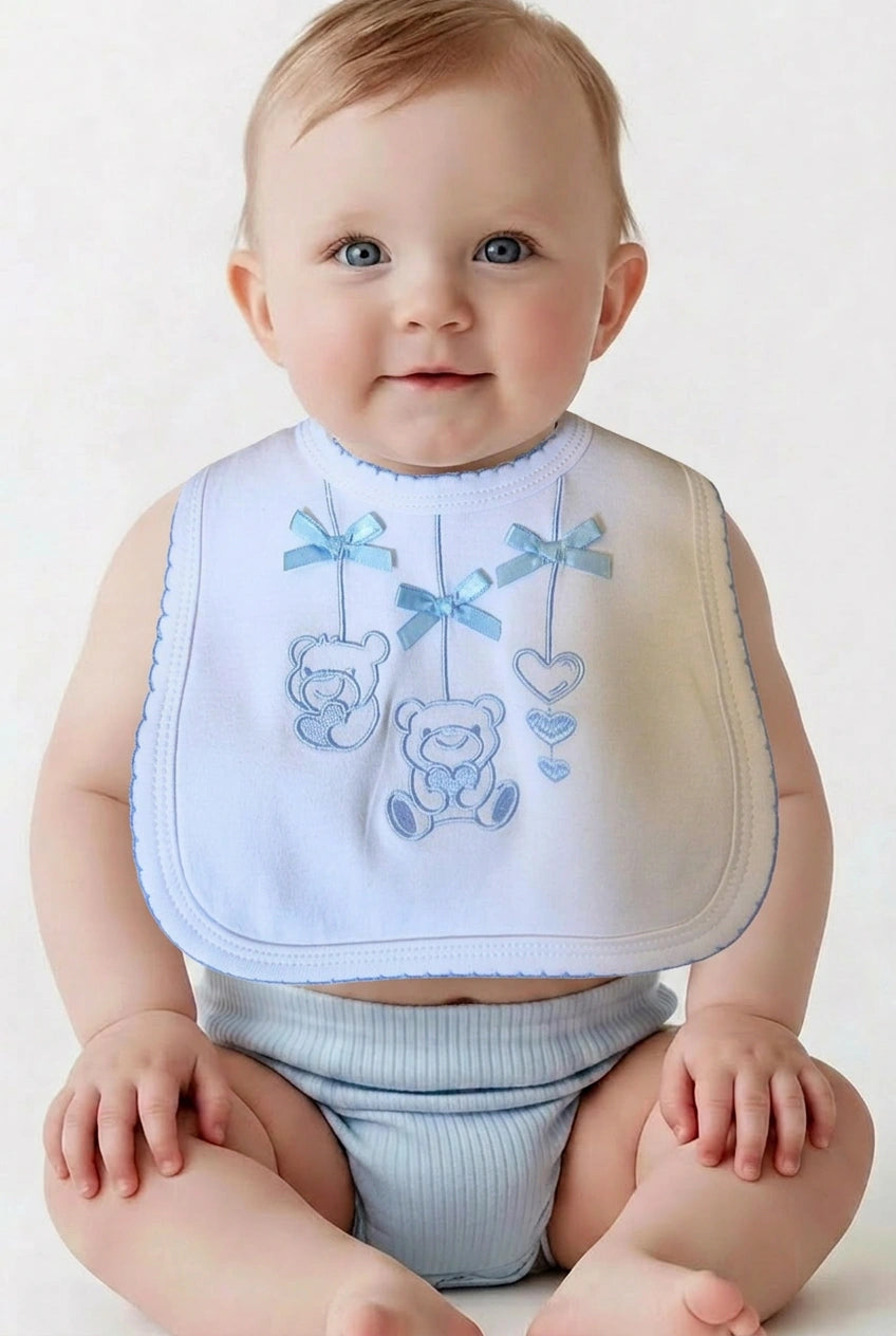 Blue embroidered teddy bear baby bib