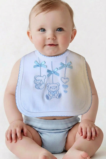 Blue embroidered teddy bear baby bib