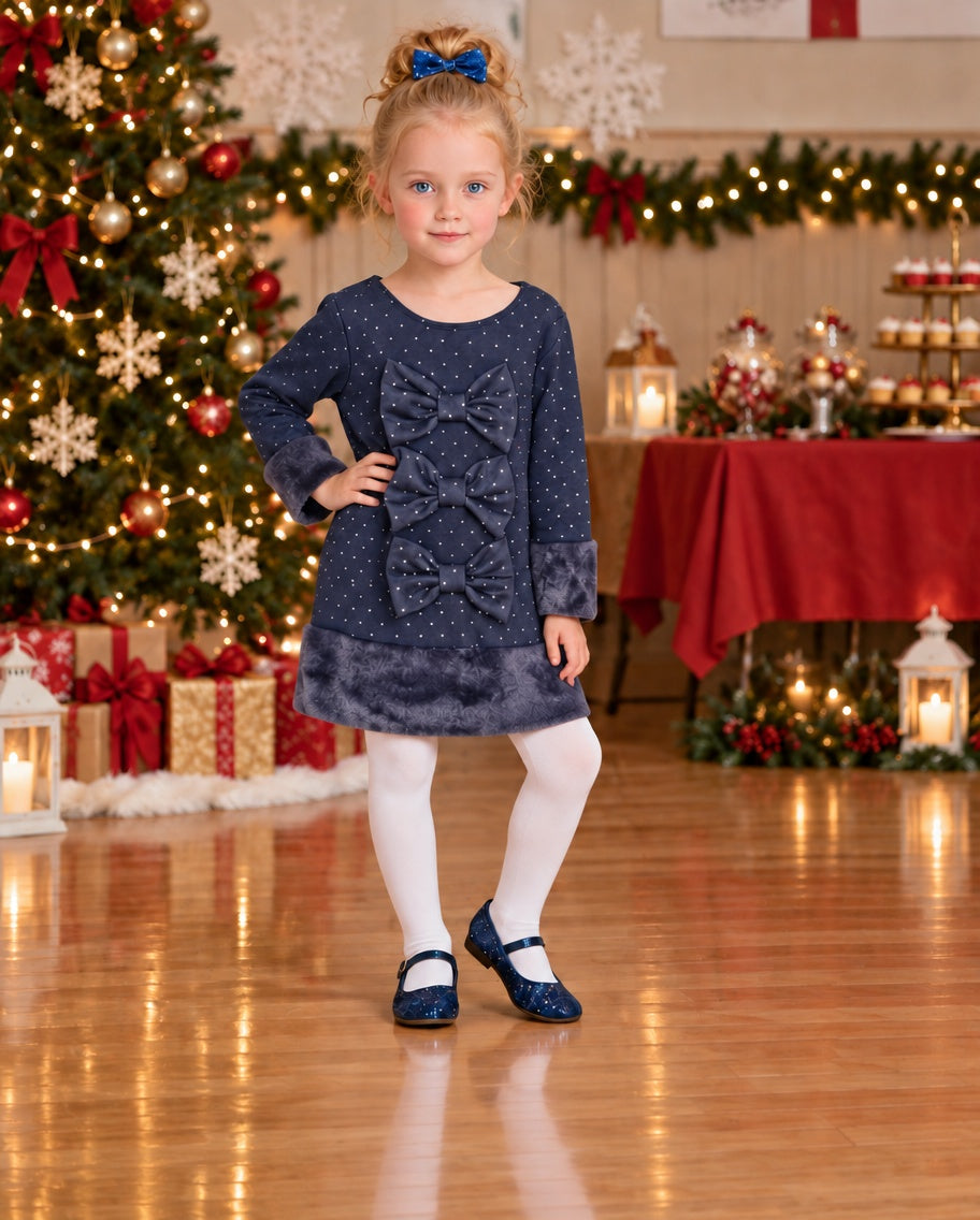Girls blue sparkle dress with three bows and faux fur trim