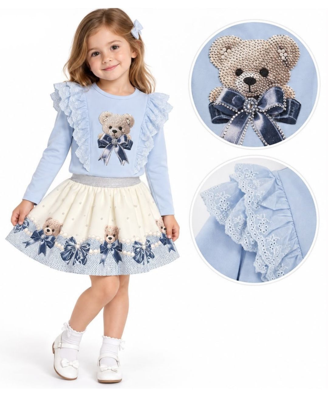 Giorgio Bambini girls blue sparkle teddy top and cream skirt set with blue bows