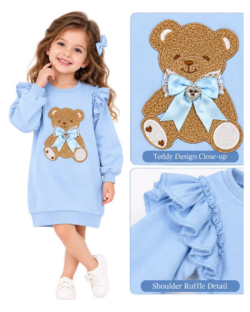 Giorgio Bambini girls sky blue teddy jumper dress with blue satin bow and crystal heart