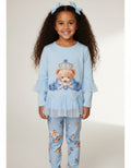 Giorgio Bambini girls sky blue teddy leggings and frill top set with crystal bow and tulle detailing