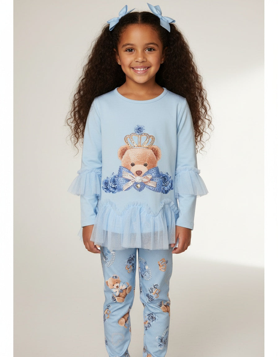 Giorgio Bambini girls sky blue teddy leggings and frill top set with crystal bow and tulle detailing
