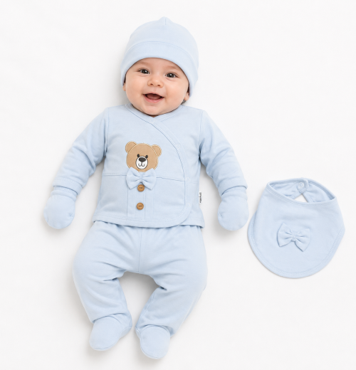 Baby boys sky blue 5 piece teddy set with hat mittens and bib