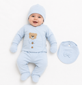Baby boys sky blue 5 piece teddy set with hat mittens and bib