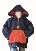 Black and rust hooded jacket on a mannequin against a white background