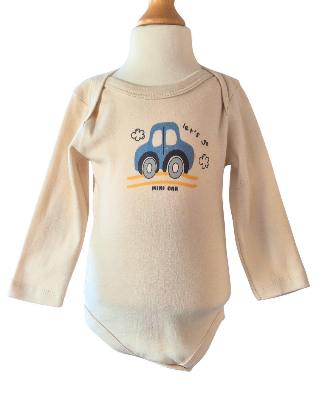 Blue car motif on baby boys long sleeve bodysuit