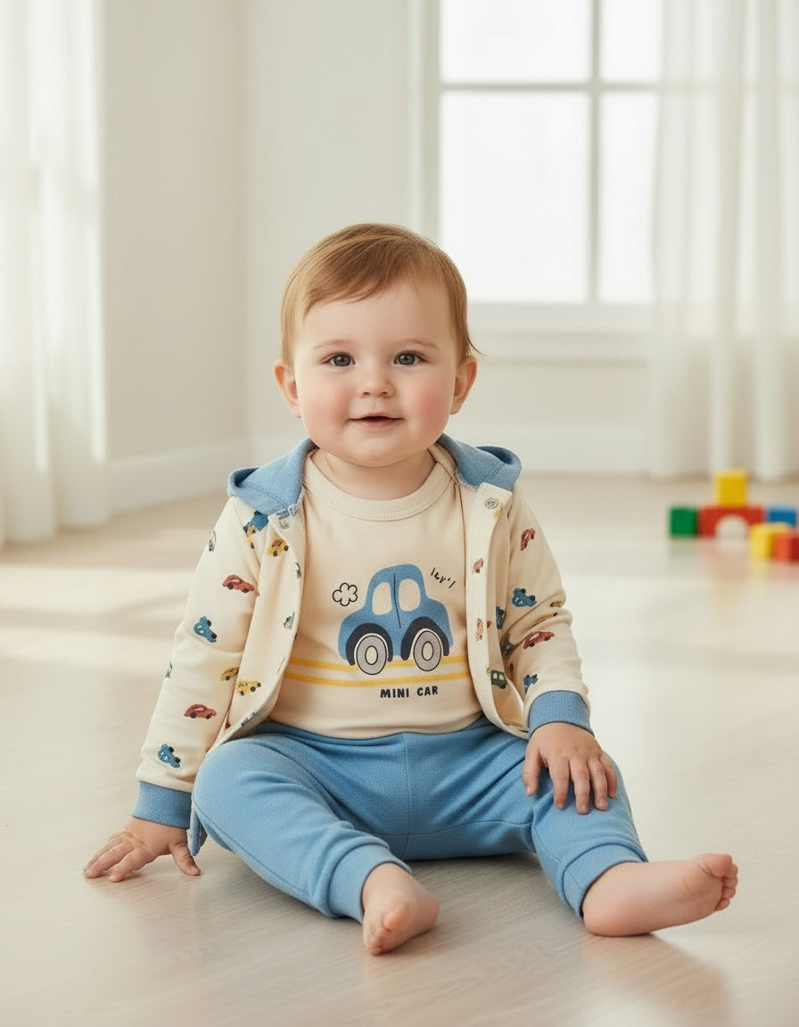 Baby boys blue cars outfit with blue trousers and hooded top