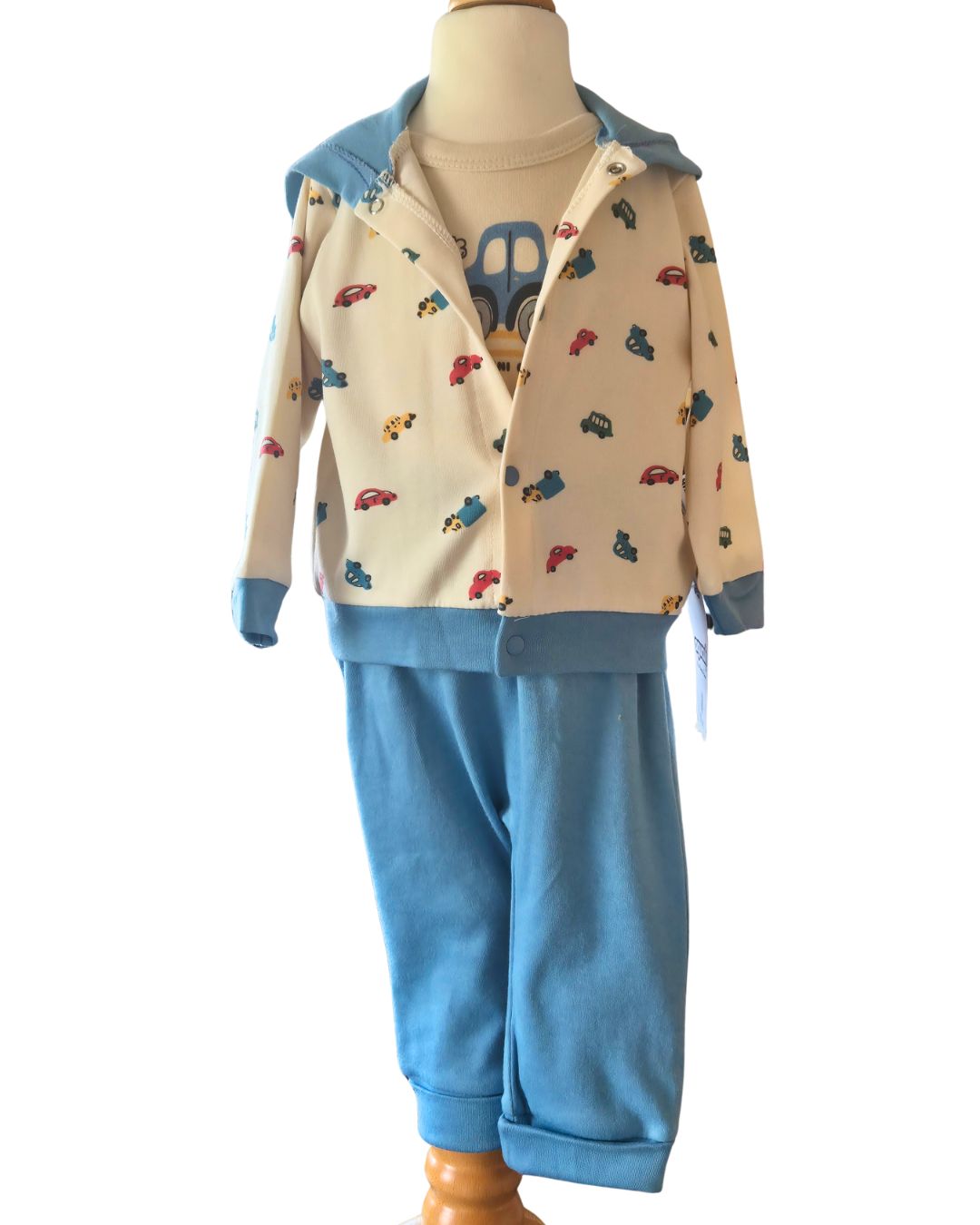 Baby boys blue cars set with bodysuit, trousers and hoodie