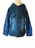 Blue plaid shirt with denim front on a mannequin against a white background
