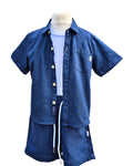 Boys navy shorts white t-shirt and shirt set