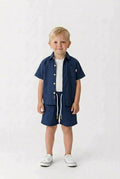 Boys navy linen 3 piece shorts set