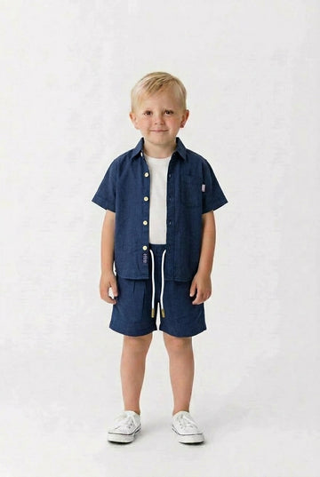 Boys navy linen 3 piece shorts set