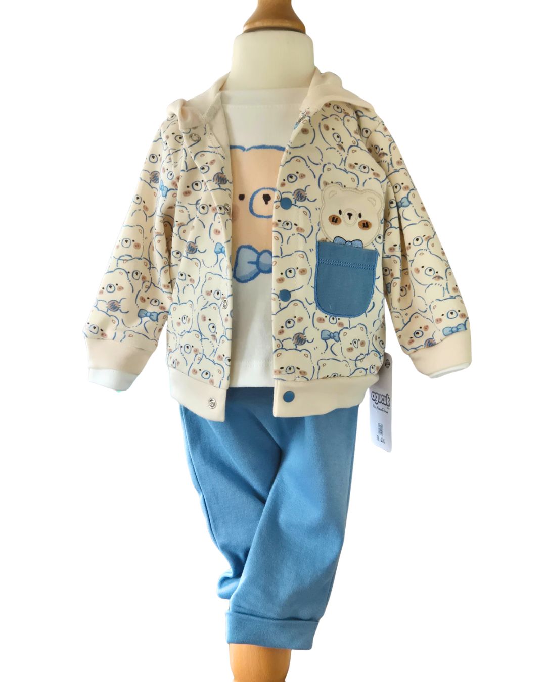 Boys blue teddy bear 3-piece jogger set with hooded jacket