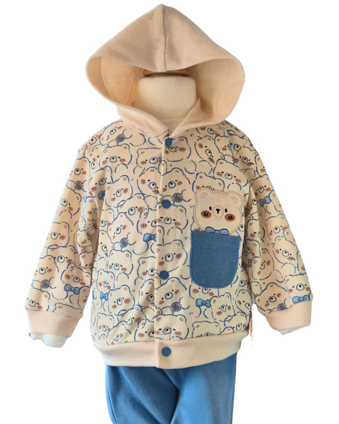 Blue baby boys jogger set with ivory top and beige hoodie