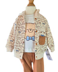 Beige hooded jacket with all-over teddy bear print for baby boys