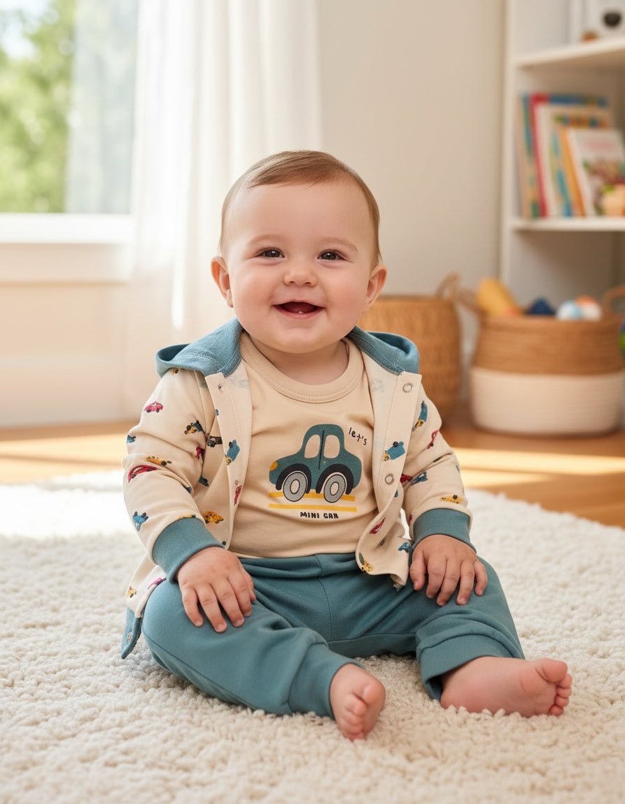 Boys green cars 3 piece outfit with hoodie and trousers