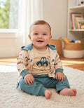 Boys teal green and beige cars 3 piece set