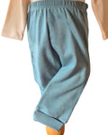 Baby boys car print top with teal trousers