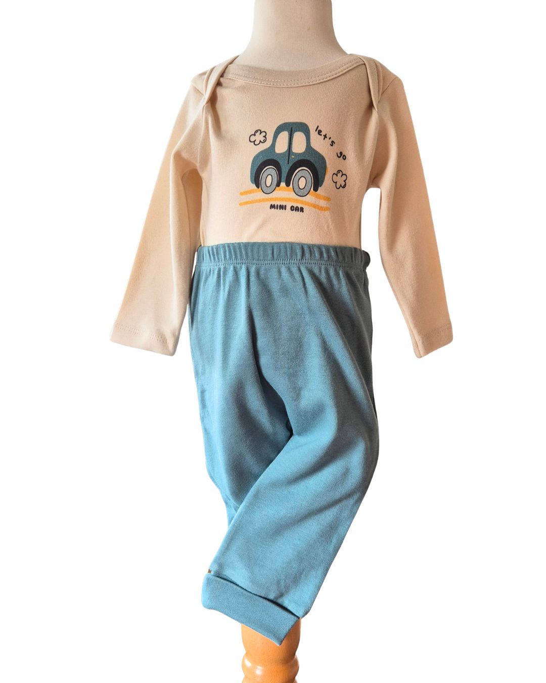 Boys beige and teal cars outfit