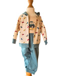 Baby boys cars outfit with teal trousers and hoodie