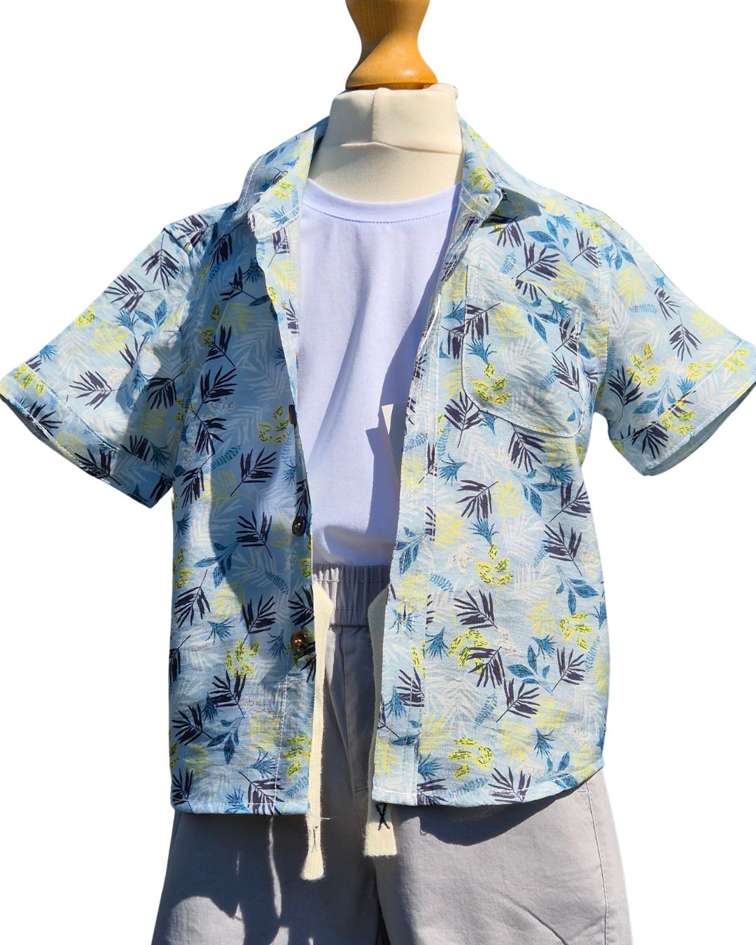 Boys summer outfit pale blue fern print shirt