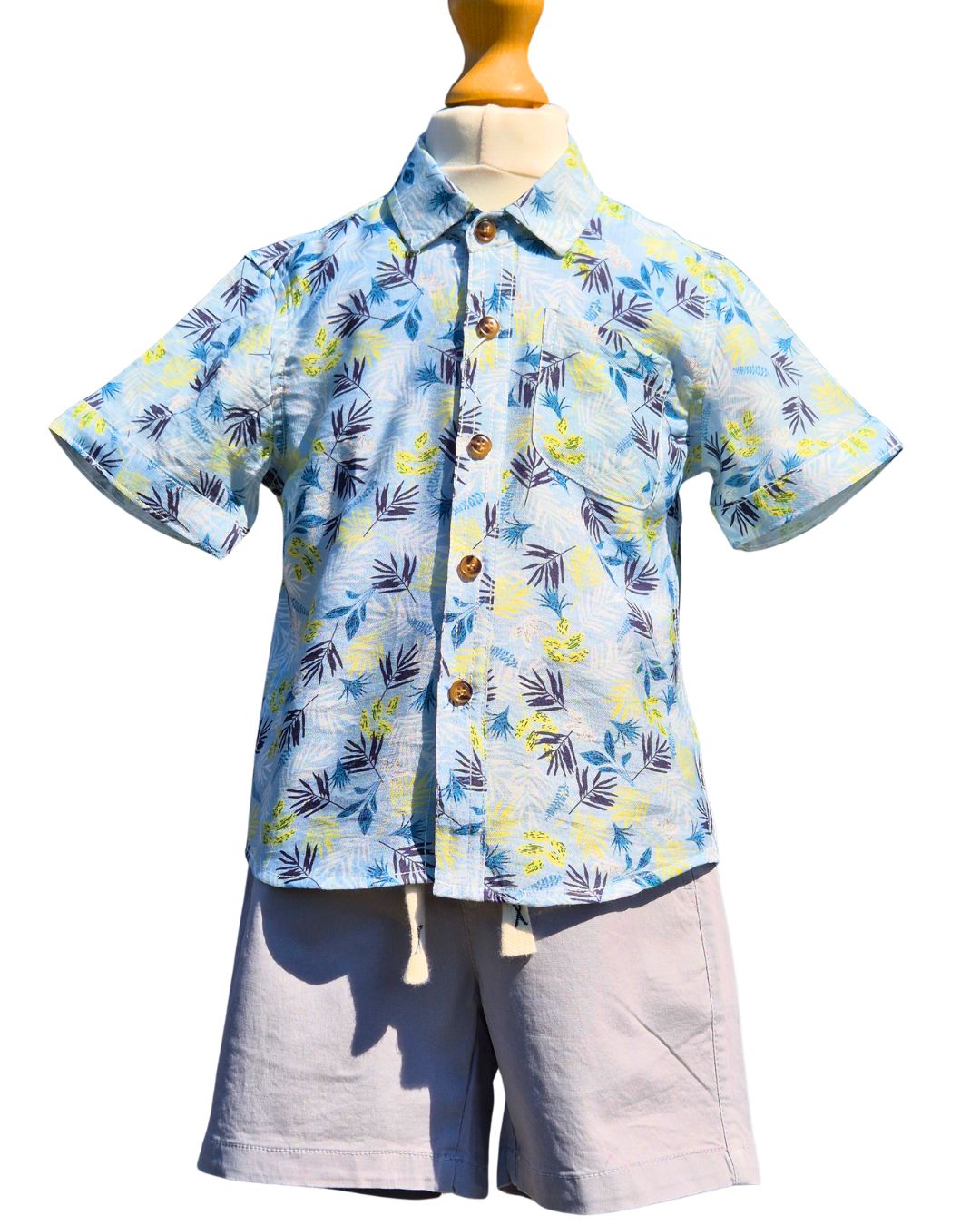 Boys  grey/stone shorts white t-shirt tropical shirt set