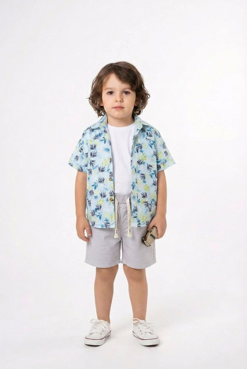 Boys pale blue tropical 3 piece shorts set