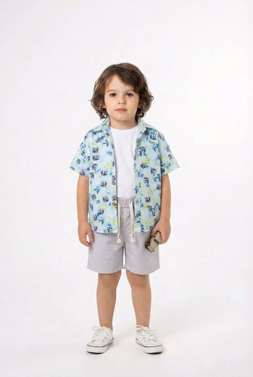 Boys pale blue tropical 3 piece shorts set