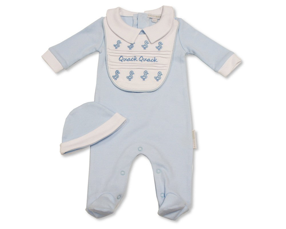 Traditional blue baby romper with Peter Pan collar