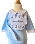 Blue and white cotton baby romper with duck bib