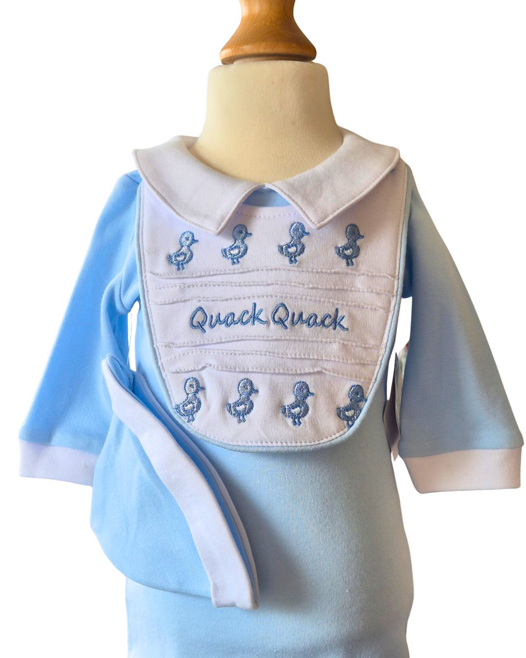 Blue and white cotton baby romper with duck bib