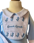 Baby boy romper with removable Quack Quack bib