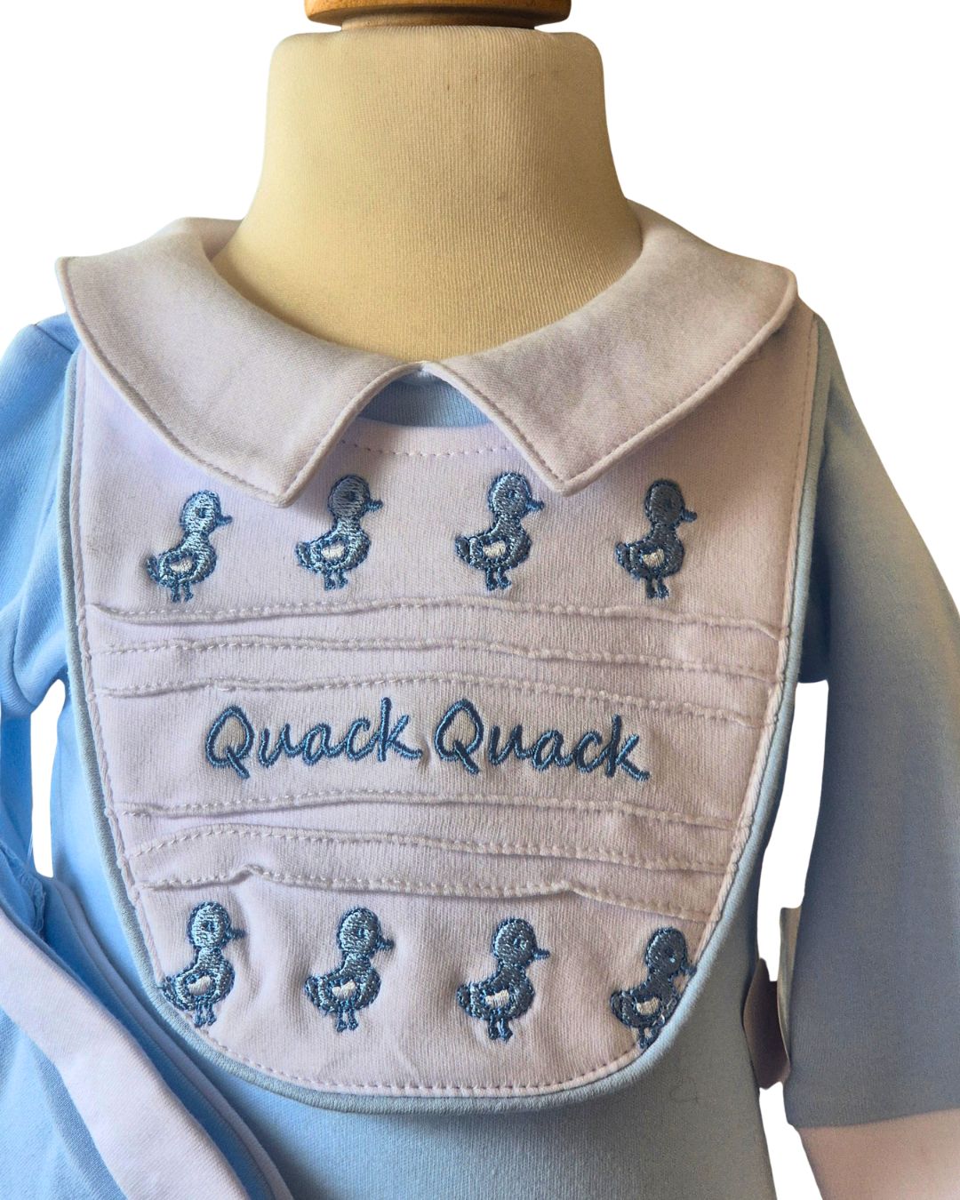 Baby boy romper with removable Quack Quack bib