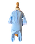 Blue footed baby romper with matching hat