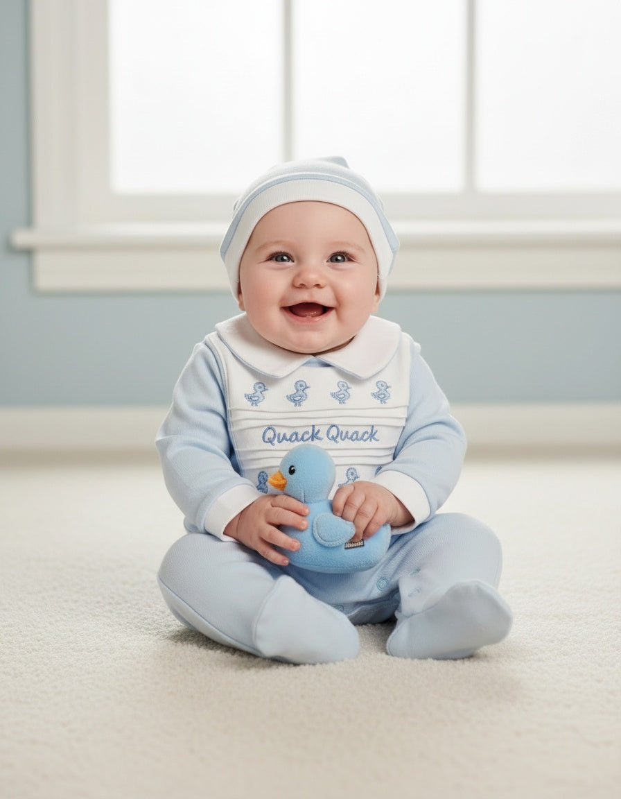 Nursery Time boys blue romper set with Quack Quack bib