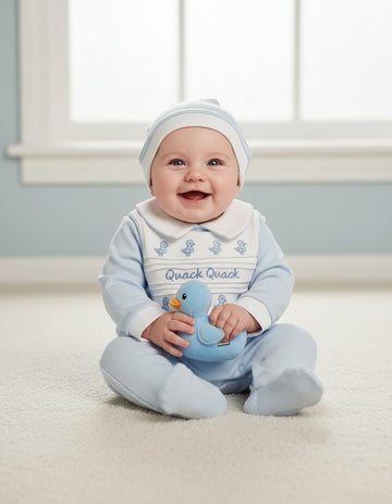 Nursery Time boys blue romper set with Quack Quack bib