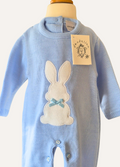 Baby blue knitted romper from Dandelion with white rabbit detail