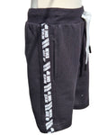 Black sweat shorts with white text on a white background