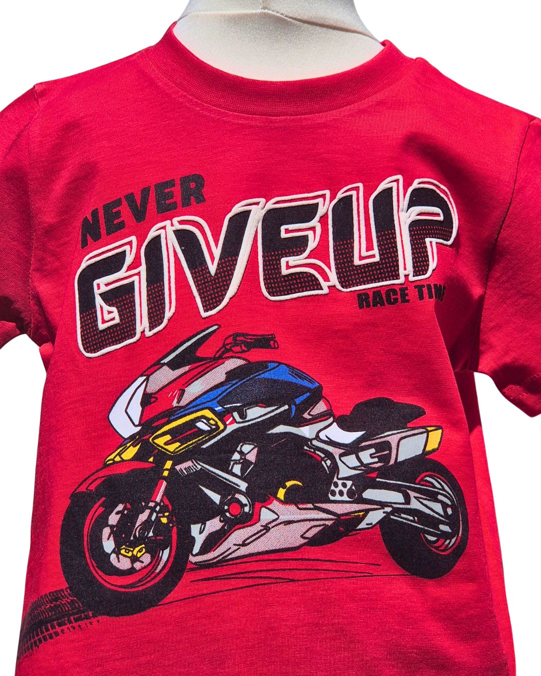 Boys red graphic t-shirt with black shorts