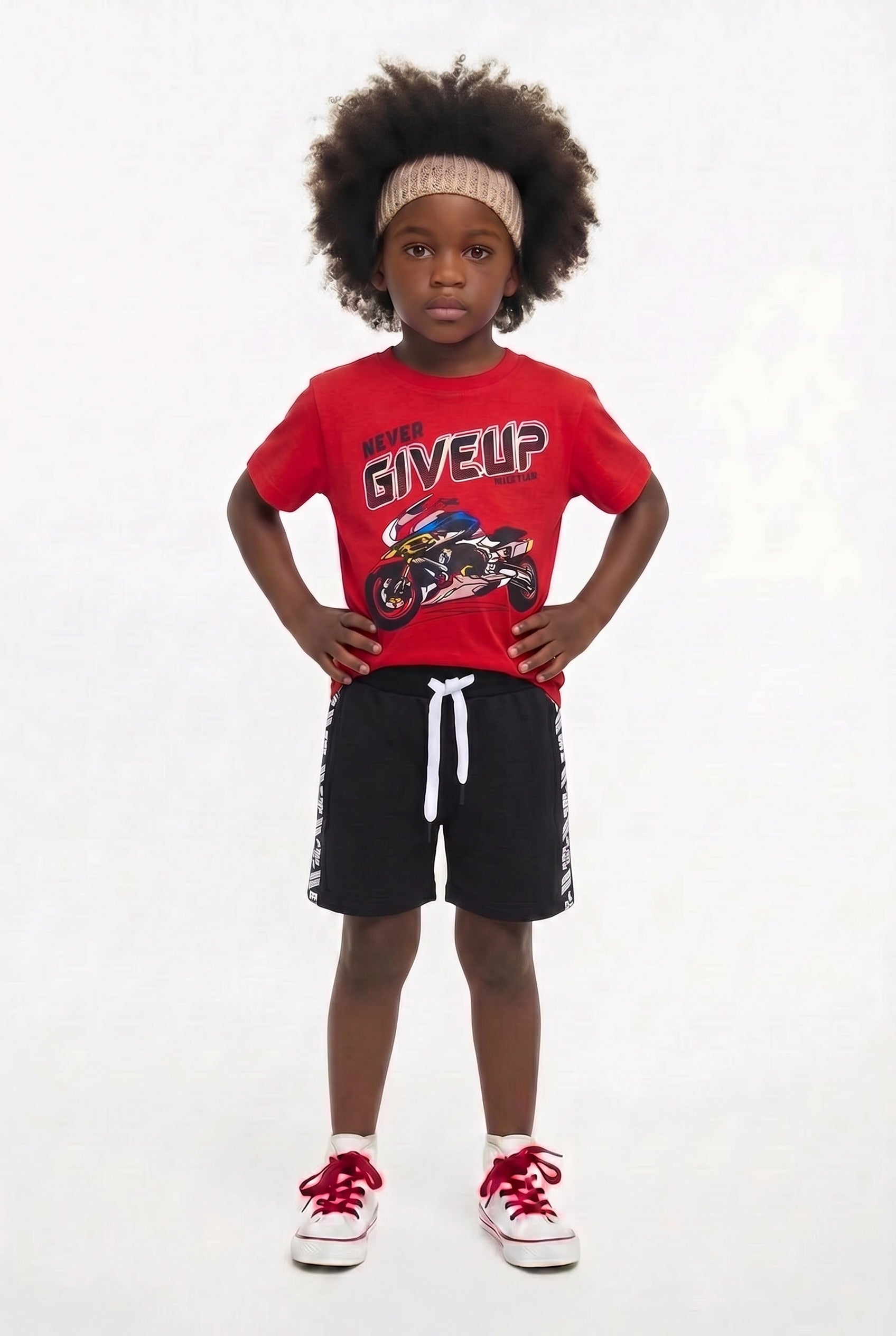 Boys red motorbike t-shirt and black shorts set